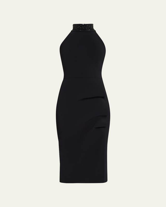 Rhinestone-Embellished Halter Midi Sheath Dress